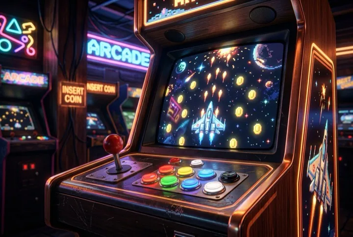 Retro arcade layout with joystick and buttons