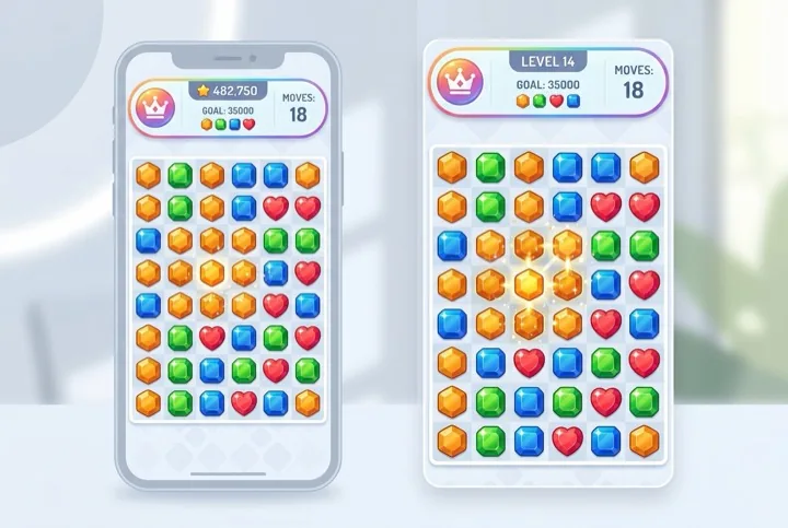 Tile matching puzzle shapes on a phone screen