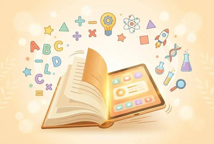 Open book turning into a tablet with learning blocks