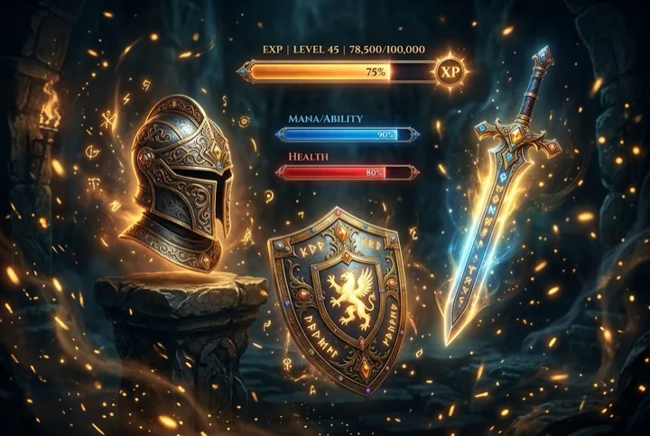 Knight helmet with sword, shield and progress bars