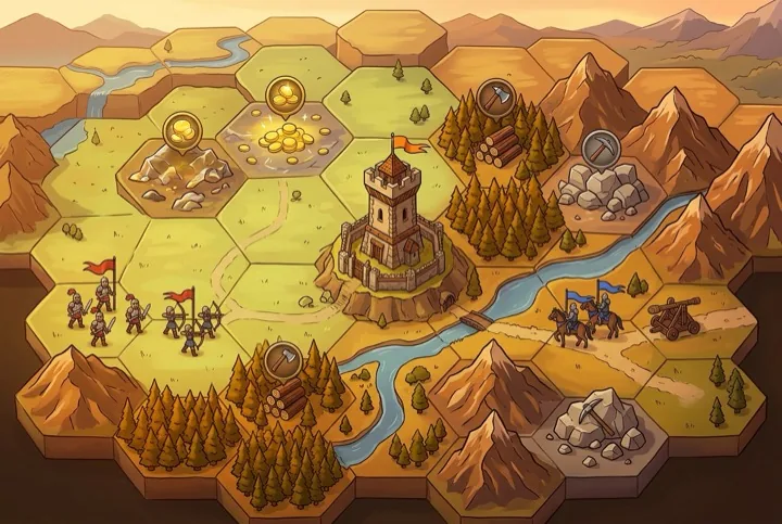 Isometric hex map with a fortress tower and resource markers